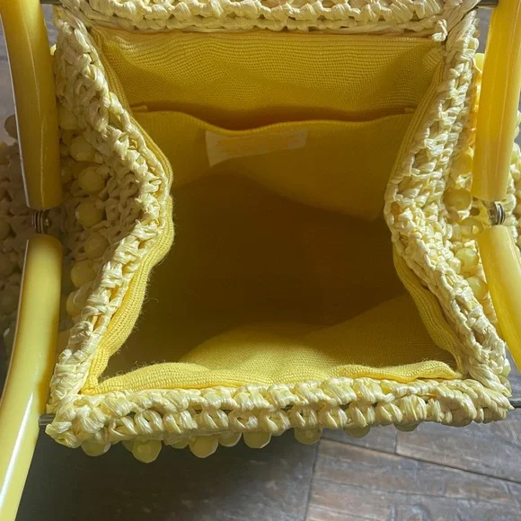 Vintage Bag by Donna Sunshine Yellow Rafia Crochet Handbag with Lucite Handle🖤 - Picture 7 of 12